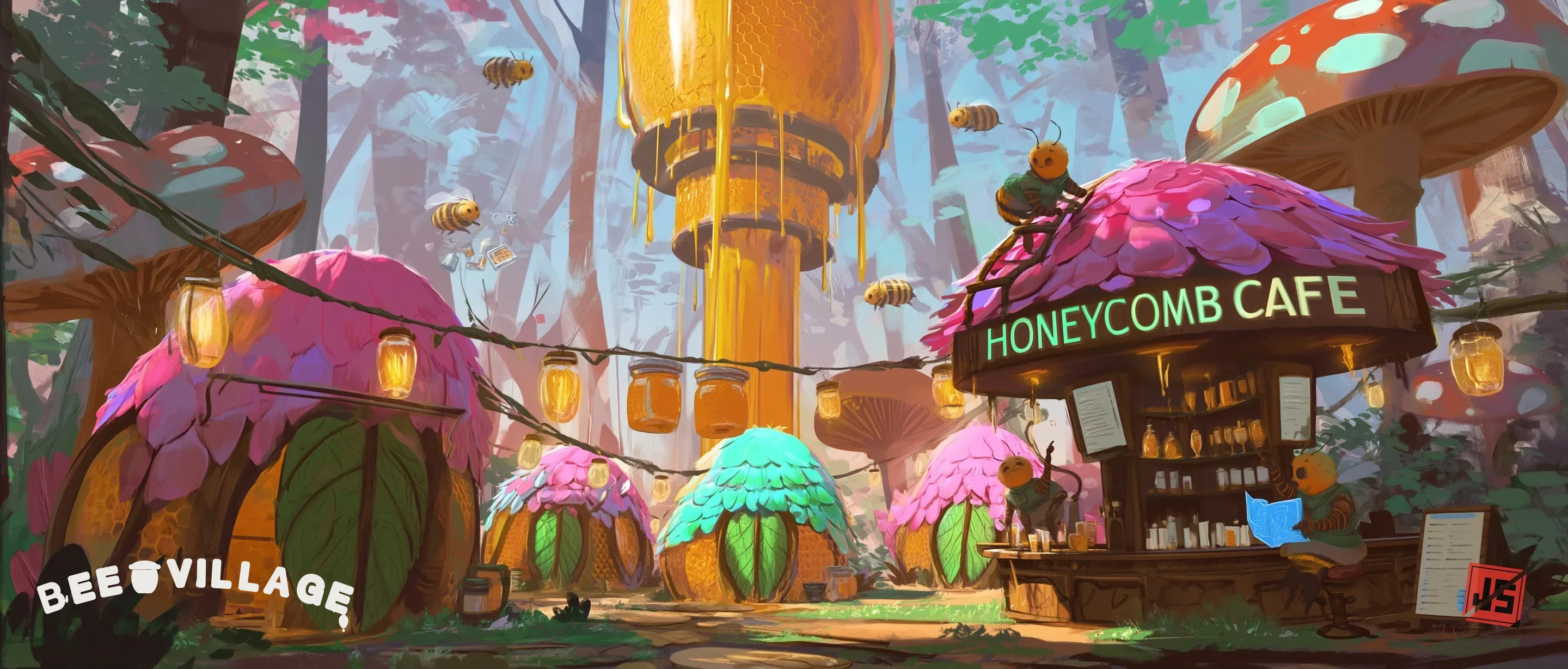 Twilight on the village square: a tall honey tower dripping between pastel leaf-roofed huts, jars and lanterns strung overhead, and the lit Honeycomb Cafe counter on the right.