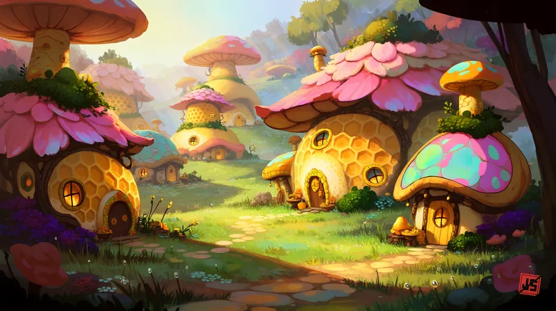 The village at dawn: honeycomb houses under petal and mushroom roofs along a grass path in low golden light.