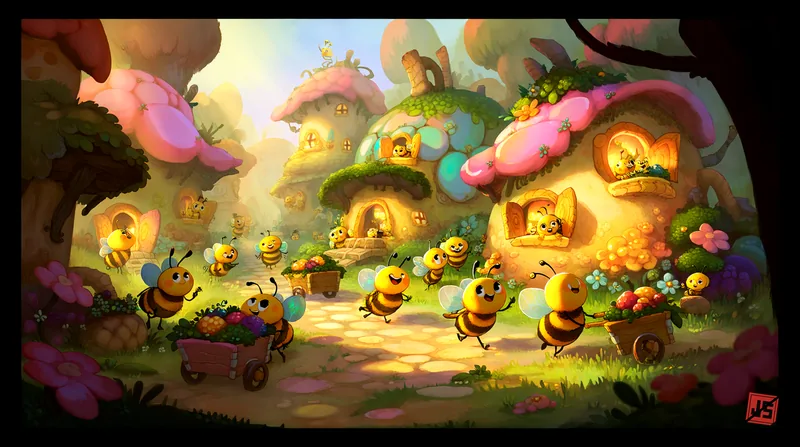 Bee villagers cross the path with carts of flowers and fruit as the houses light up behind them.
