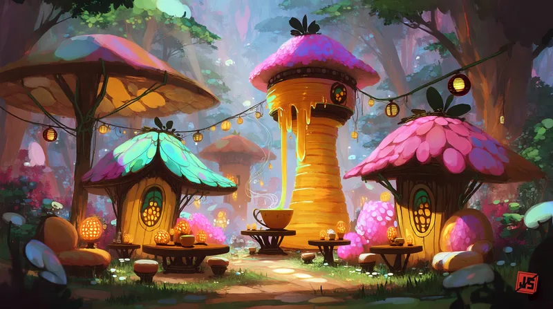 The Honeycomb Cafe at dusk: a dripping honey tower, leaf-roofed stalls, tables and strings of lanterns.
