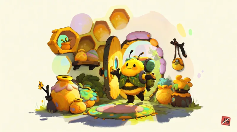 The explorer bee on a pale parchment ground, holding a honey lantern beside packs, jars and a honeycomb wall.