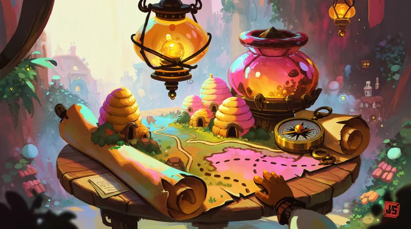 A map scroll unrolled on a wooden table with a compass, a glowing honey lantern and a rose-lit jar.