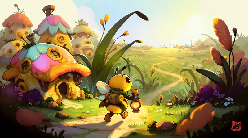 The explorer bee walks away down the path past the last houses, toward open fields under a bright sky.