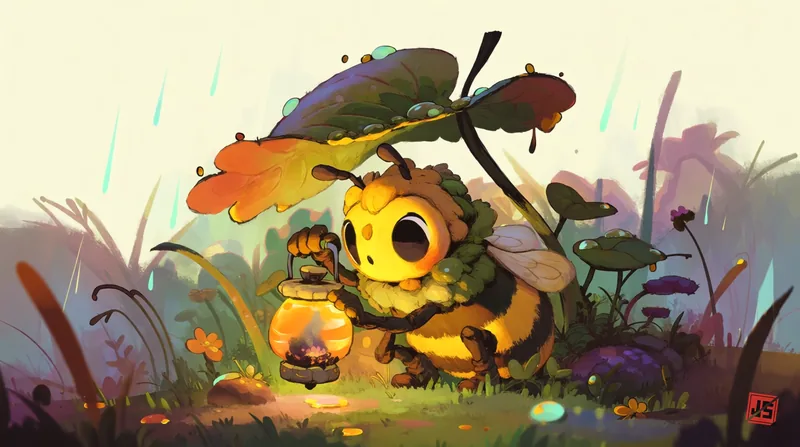 The bee shelters under a broad leaf held overhead as rain falls through the grass.