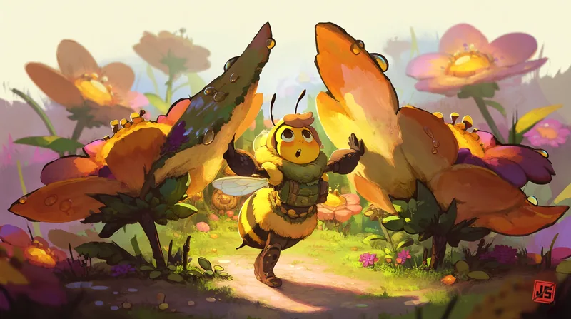 The bee stands with both arms raised between towering petals, mid-reaction.