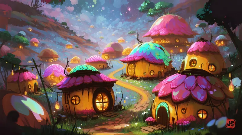 The village at nightfall, windows glowing along the winding path between the mushroom-capped houses.