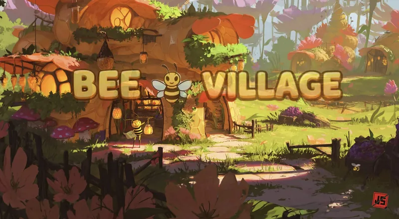 Title plate with a dimensional Bee Village logo above a wooden village gate in a sunlit forest.