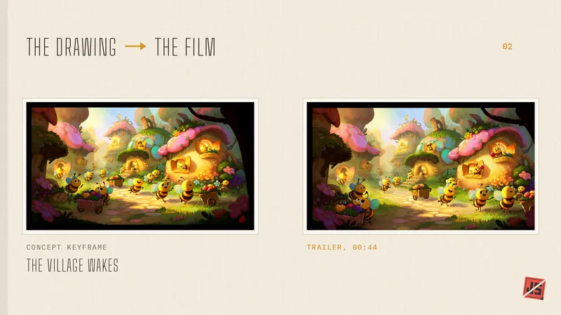 Notebook page pairing the keyframe The Village Wakes with the matching frame from the finished trailer.