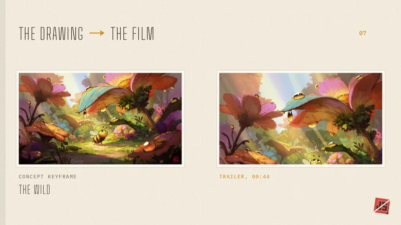 Notebook page pairing the keyframe The Wild with the matching frame from the finished trailer.