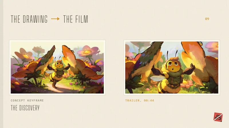 Notebook page pairing the keyframe The Discovery with the matching frame from the finished trailer.