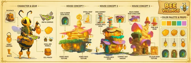 Wide presentation board combining the character and gear sheet, three annotated house concepts, and a color palette and props section.