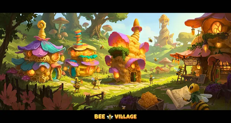 Sunlit village of honeycomb houses with petal and mushroom roofs, bee villagers on a stone path, and a bee consulting building plans near a honeycomb cart.