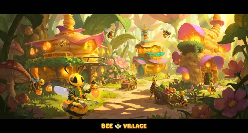 Bee villagers push carts of flowers and fruit along a golden-lit village path between glowing honeycomb houses.