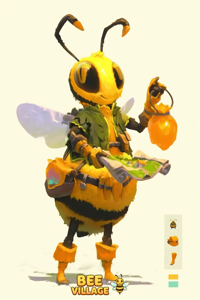Full-body concept of a cartoon bee explorer in a leaf vest holding a honey lantern and a map, with small gear studies in a side strip.