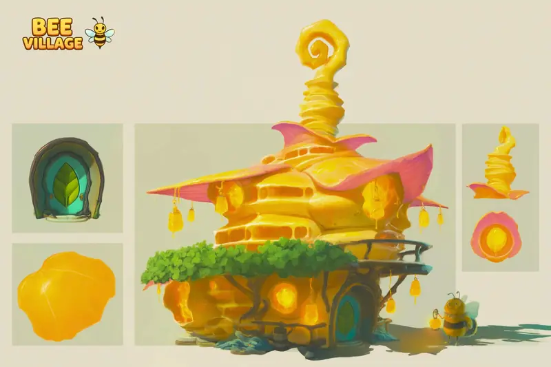 Concept sheet of a spiral-topped honey house with pink petal roofs, alongside door, honey texture and spire detail studies.