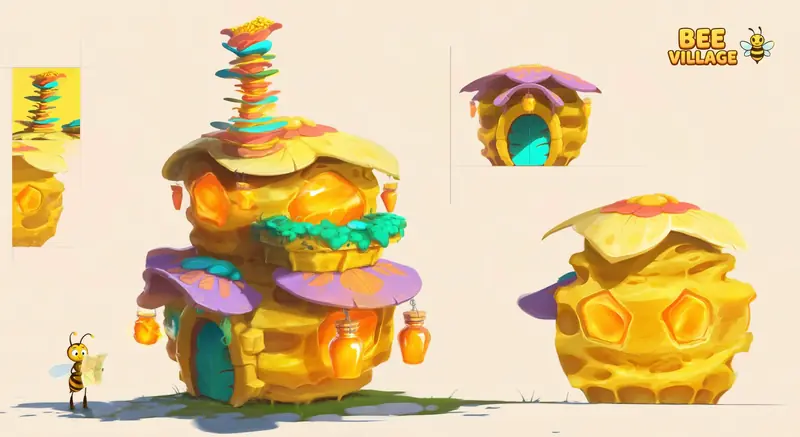 Concept sheet of a honeycomb hut with a stacked-disk chimney and petal awnings, with a front-door view and a compact hive variant.