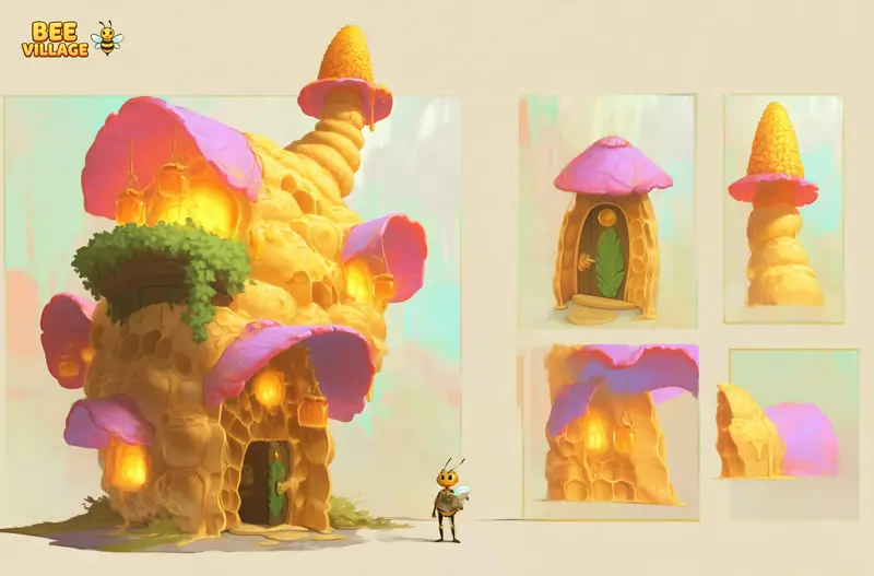 Concept sheet of a tall multi-tiered honey house with pink mushroom-cap roofs, plus door, spire and texture studies.