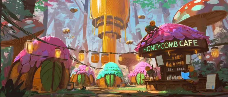 Twilight village square with pastel leaf-roofed huts around a dripping honey tower and a lit 'Honeycomb Cafe' stand.
