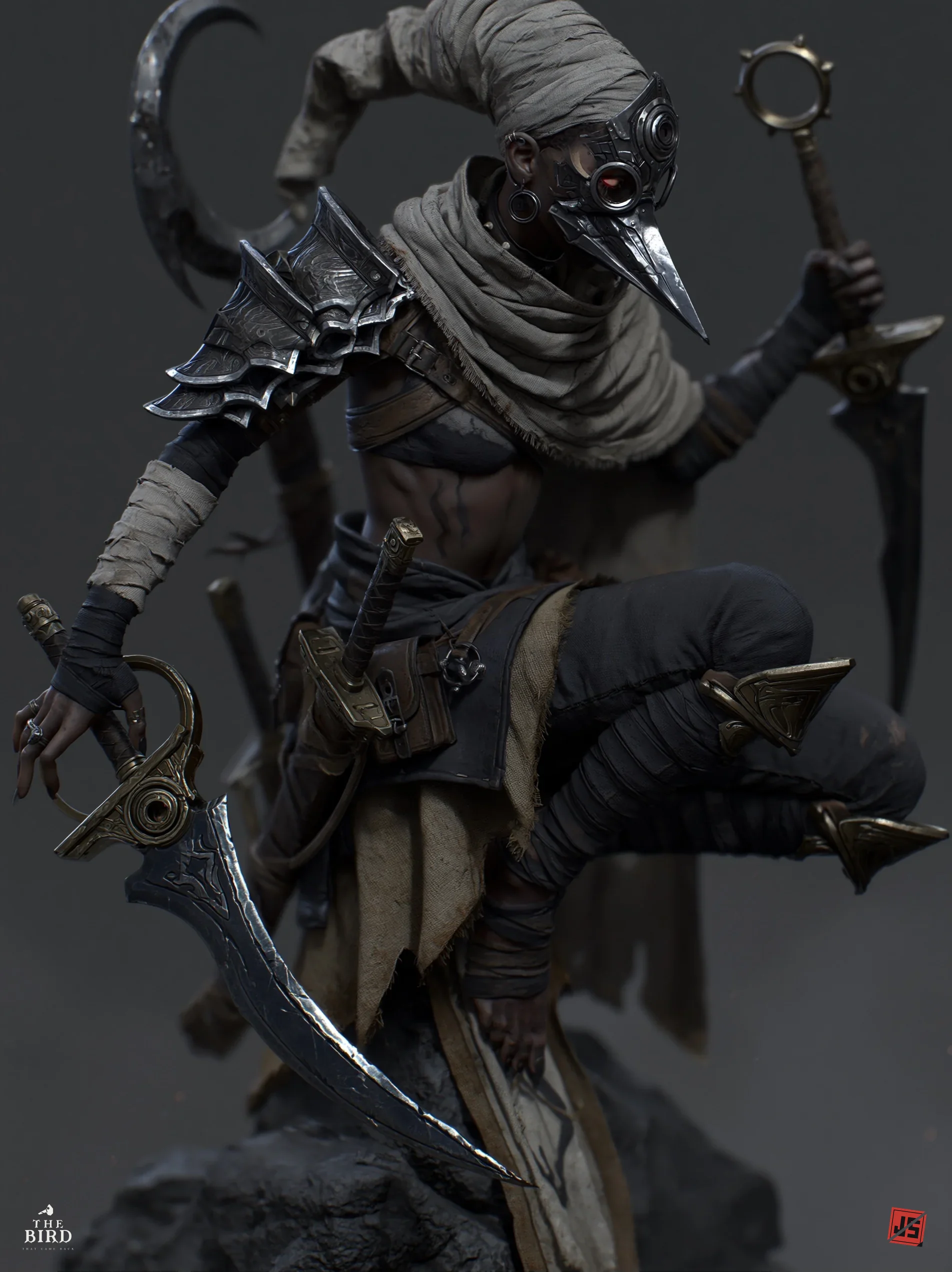 The bird-masked warrior crouched on a rock, a steel beak locked over her face, a curved scythe-sword held low and a ringed scepter-blade raised.