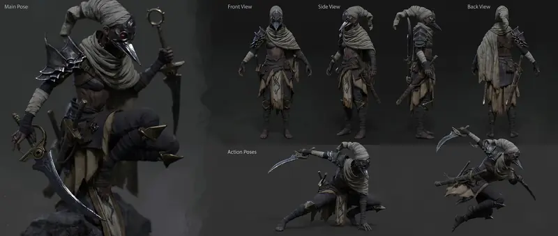 Production character sheet of the bird-masked warrior: a main pose close-up, front, side and back turnaround views, and three action poses with curved blades.