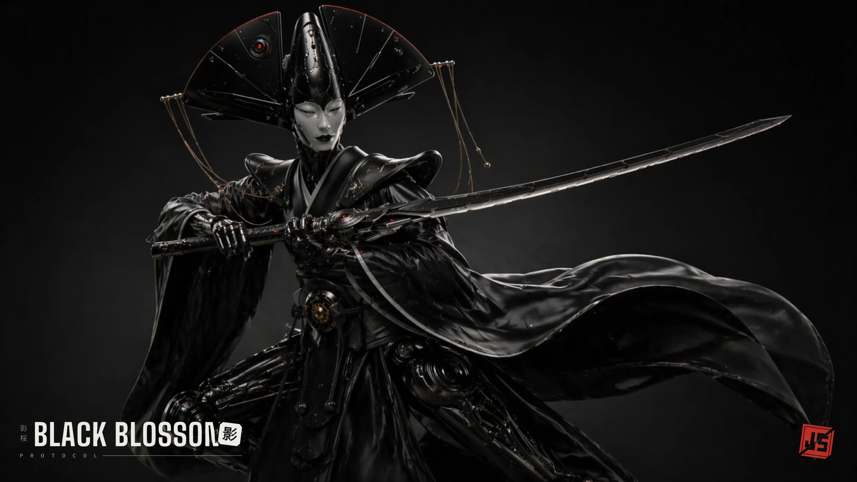 Kurohime in a wide combat stance, black-lacquered robes and a fanned headdress, holding a long katana level across the frame.