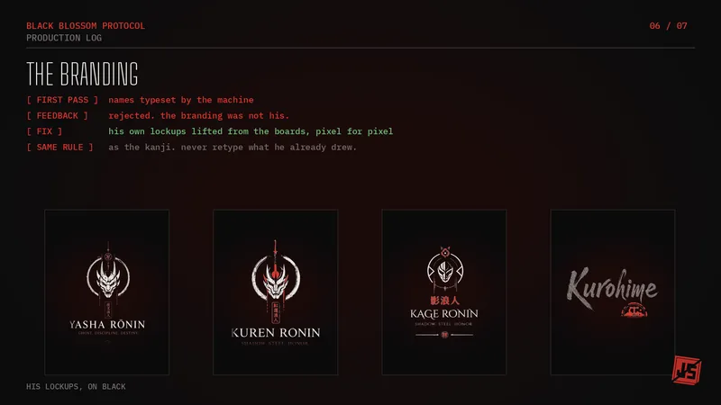 Production log page in red monospace on black: the teaser build entry of the Black Blossom protocol log.