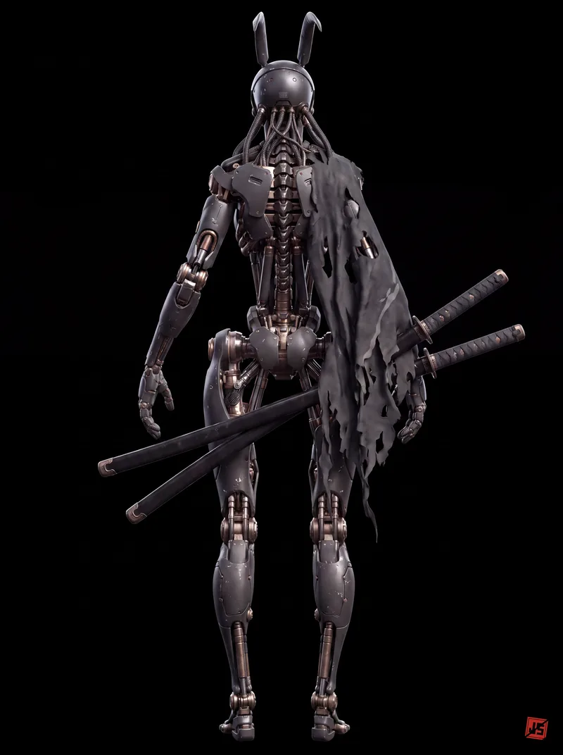 Native 4K character sheet of Kage, back view — full figure on black.