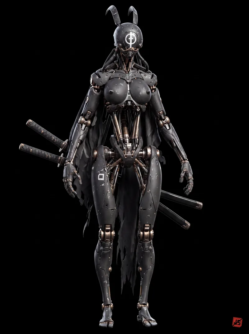 Native 4K character sheet of Kage, front view — full figure on black.