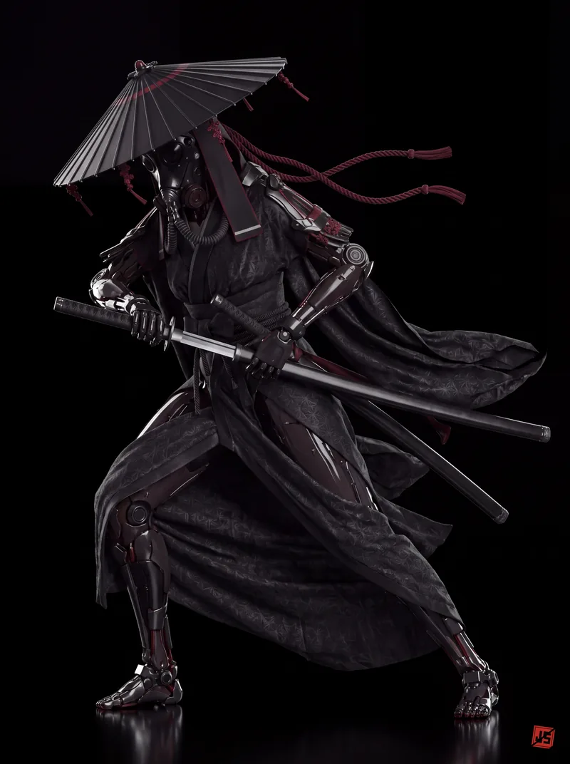 Native 4K character sheet of Kage Rōnin, action view — full figure on black.