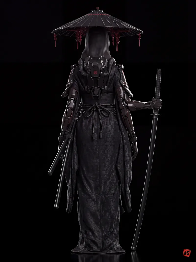 Native 4K character sheet of Kage Rōnin, back view — full figure on black.