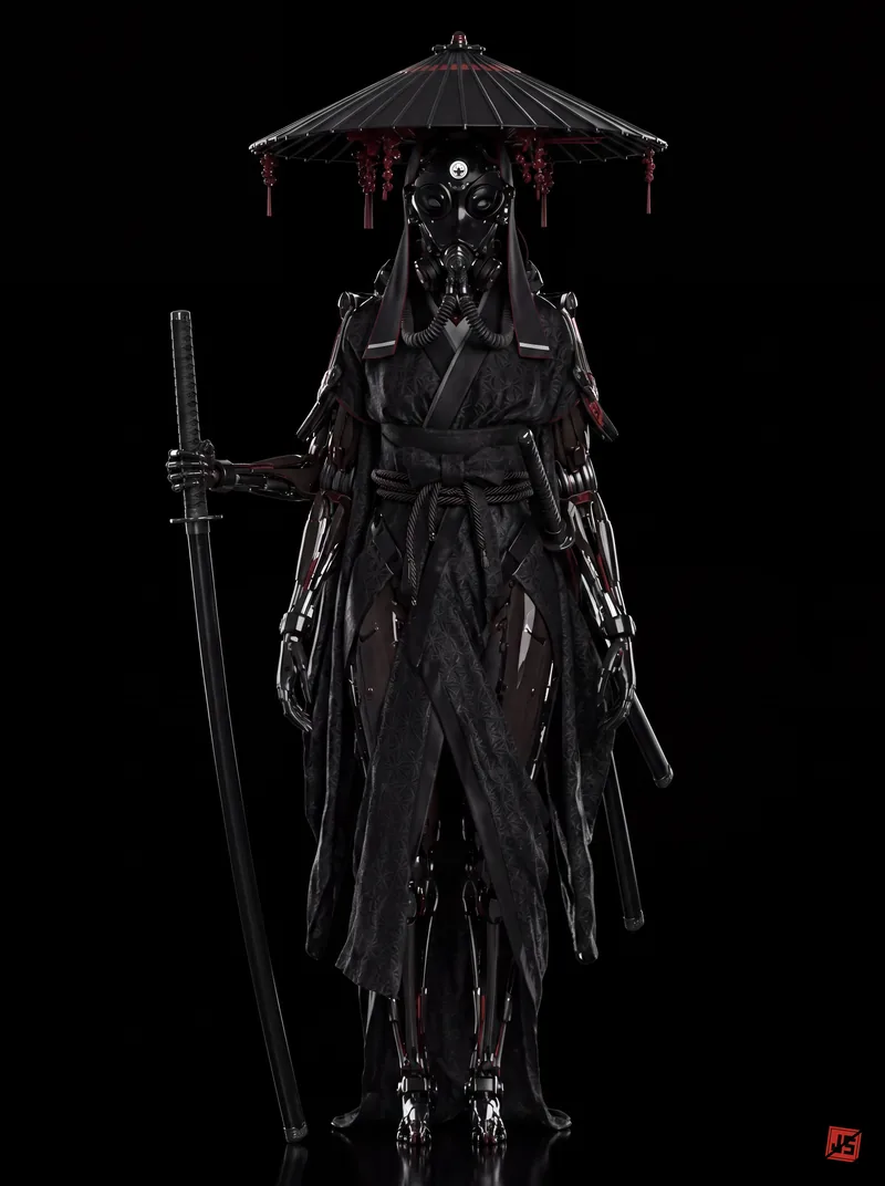 Native 4K character sheet of Kage Rōnin, front view — full figure on black.