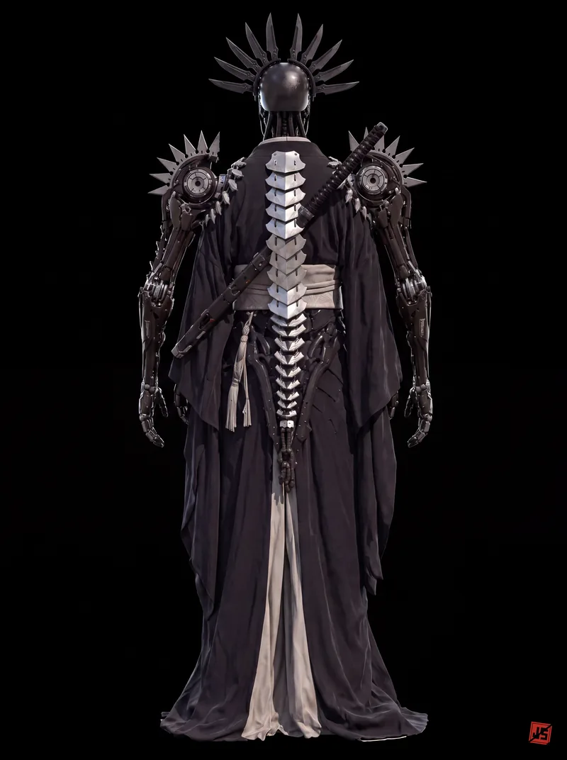 Native 4K character sheet of Kuren Rōnin, back view — full figure on black.