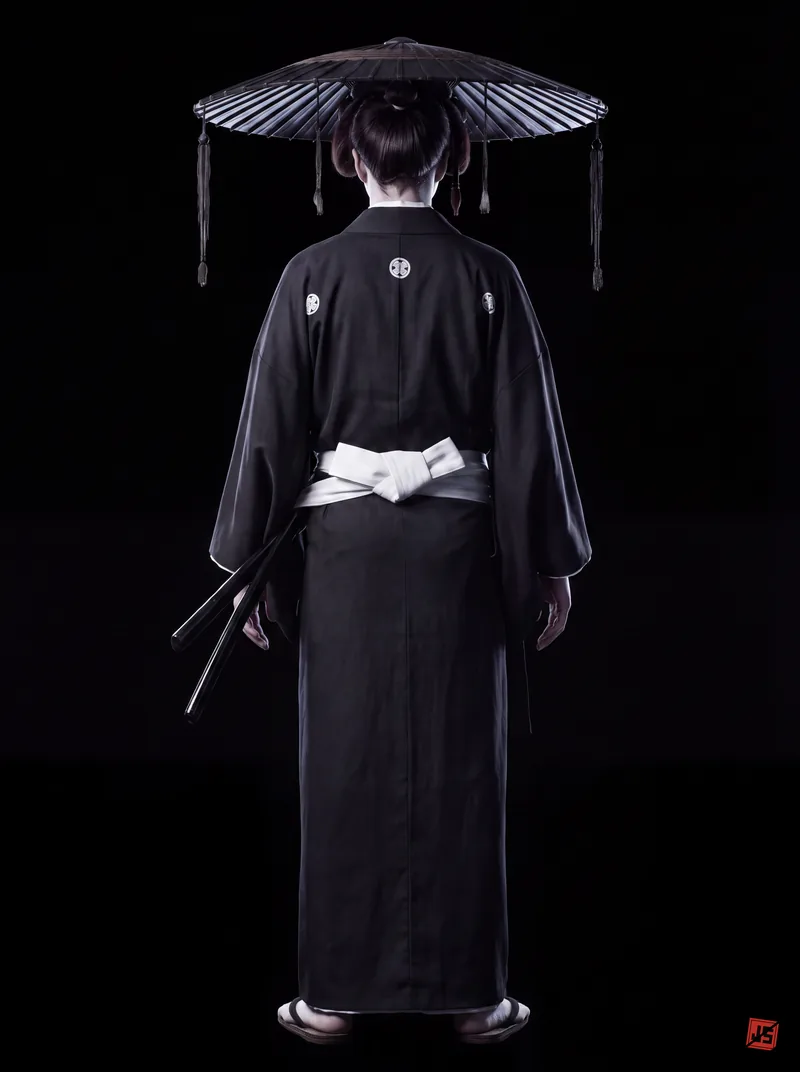 Native 4K character sheet of Shiyō, back view — full figure on black.