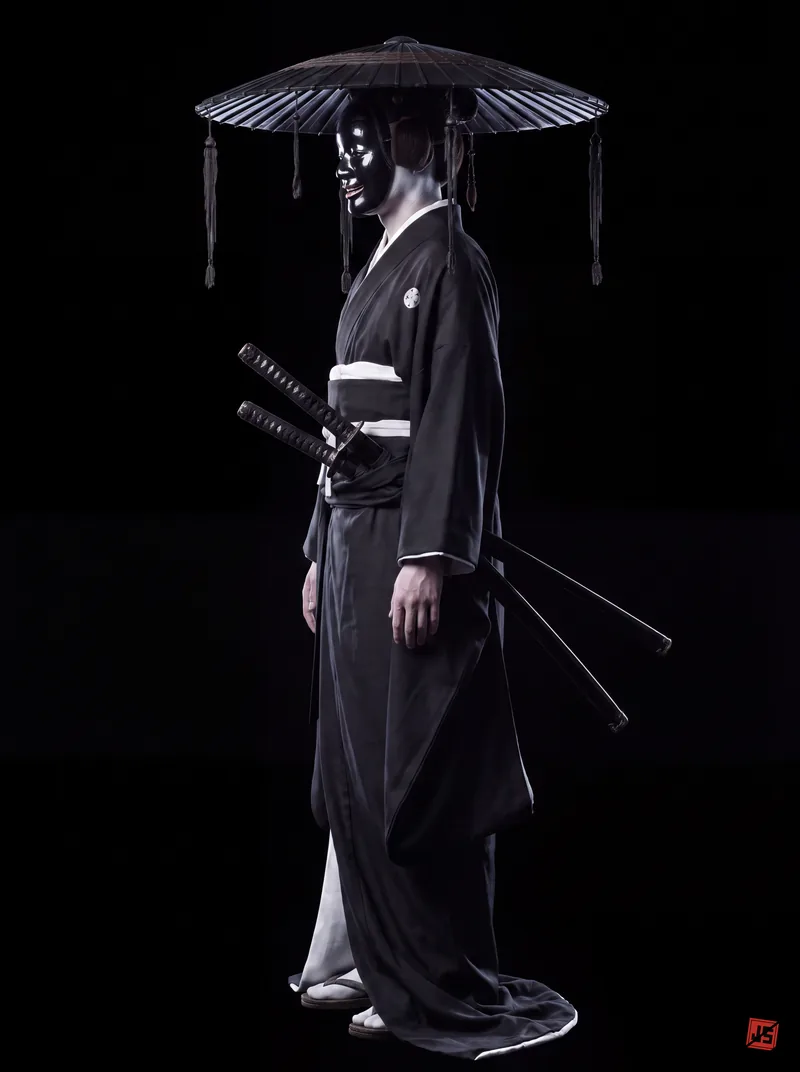 Native 4K character sheet of Shiyō, side view — full figure on black.