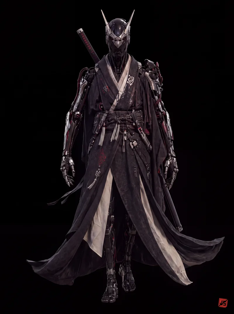 Native 4K character sheet of Yasha Rōnin, action view, full figure on black.
