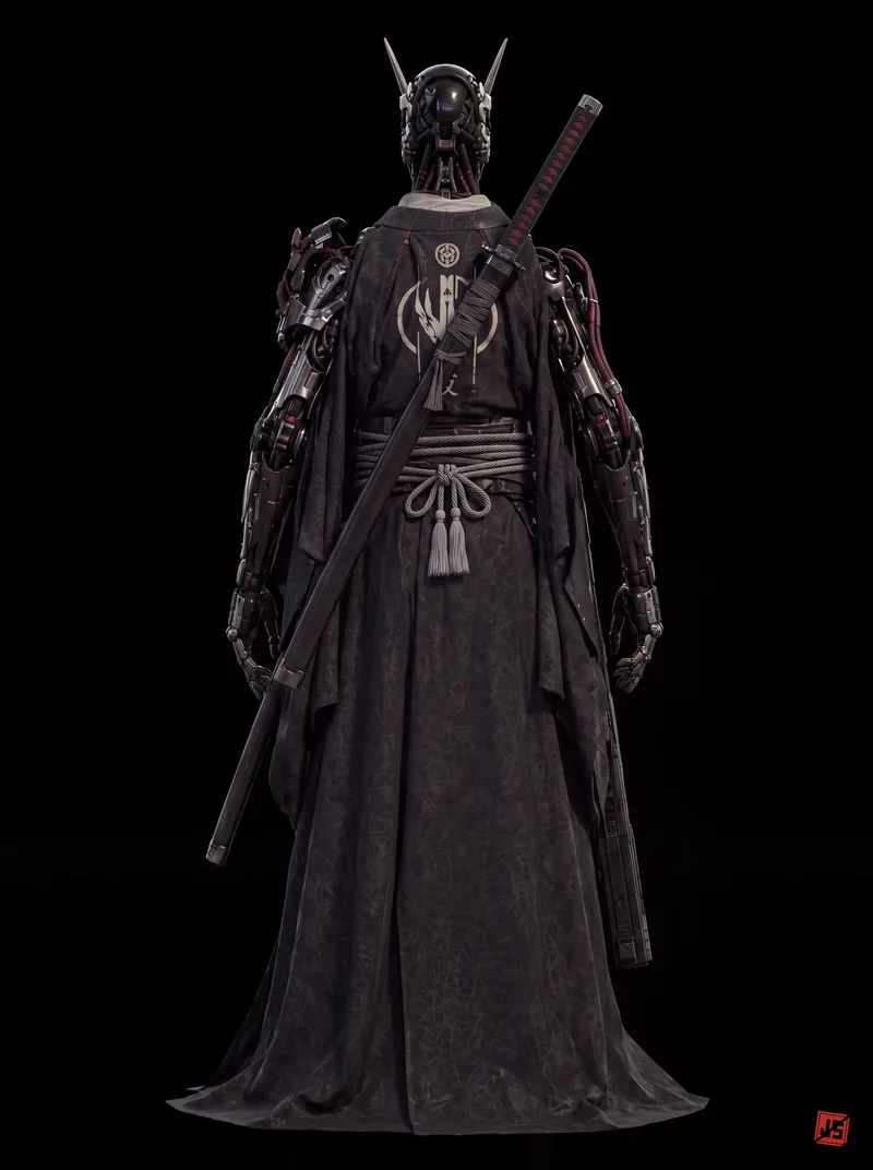 Native 4K character sheet of Yasha Rōnin, back view, full figure on black.