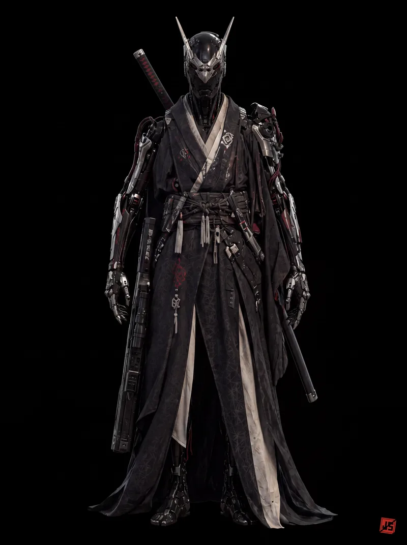 Native 4K character sheet of Yasha Rōnin, front view, full figure on black.