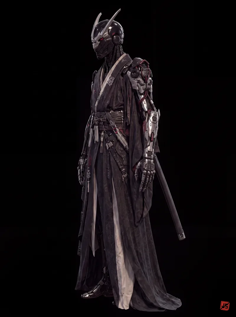 Native 4K character sheet of Yasha Rōnin, side view, full figure on black.