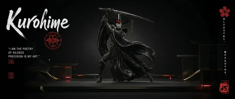 Wide black-and-red title banner introducing Kurohime, a cyber-geisha raising a katana on a lacquered stage.
