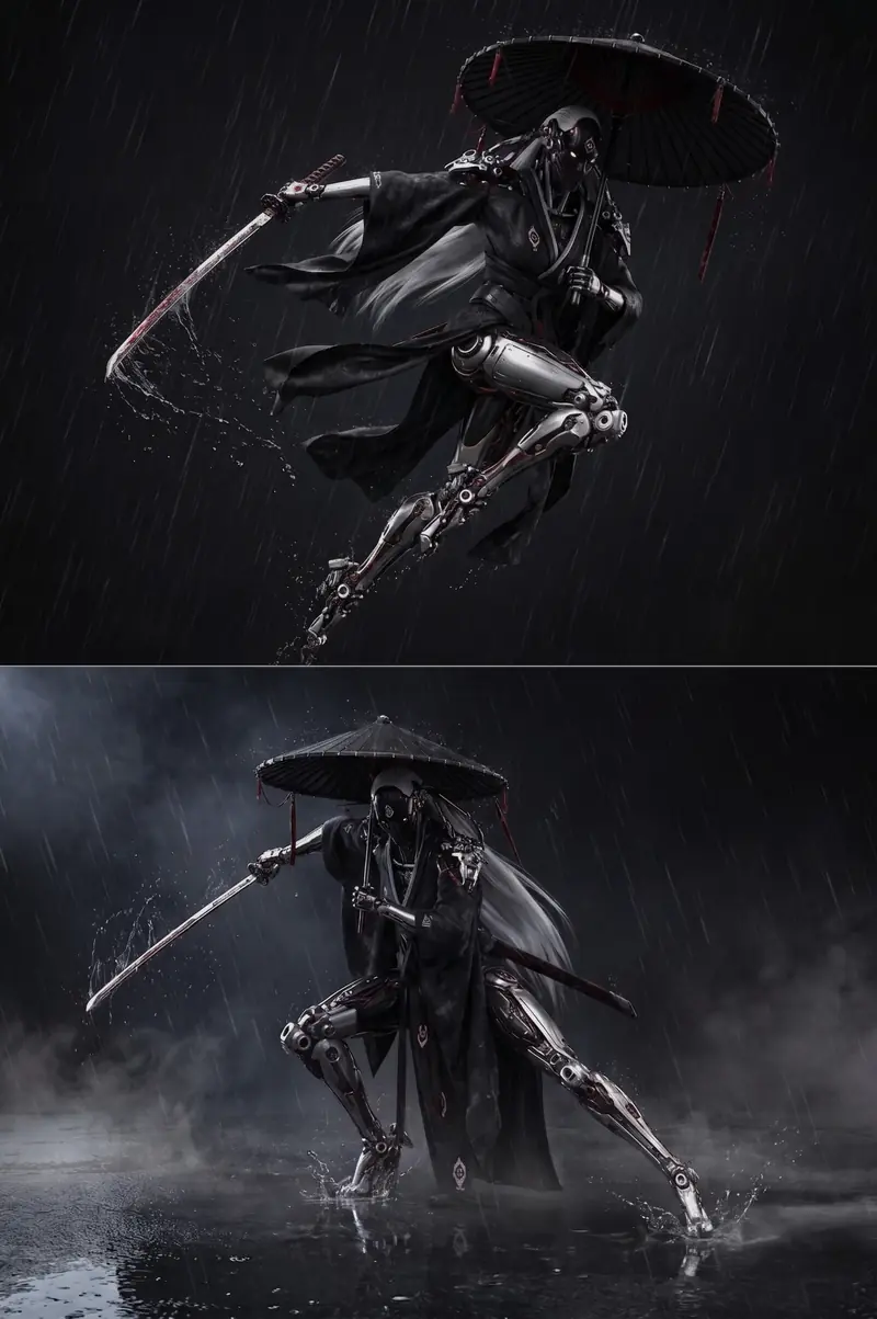 Two-frame sequence of a cyber-ronin leaping and landing with katana and umbrella in heavy rain.