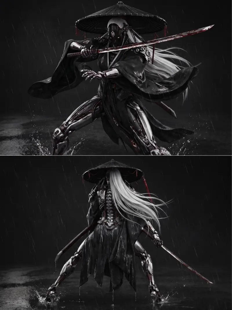 Two-frame rain sequence of a white-haired cyber-ronin wielding a blood-streaked katana, seen from front and back.