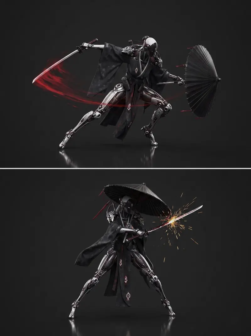 Two studio action poses with a red slash trail and sparks as a cyber-ronin parries with umbrella and blade.
