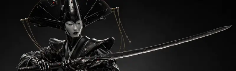 Ultra-wide close-up of the cyber-geisha Kurohime drawing a katana horizontally across the frame.