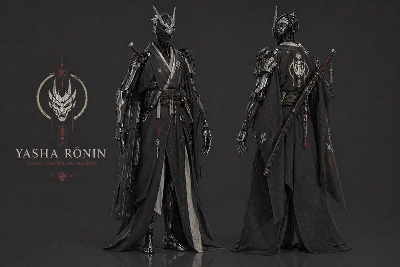 Front and back turnaround of the horned Yasha Rōnin in layered dark robes with logo lockup.
