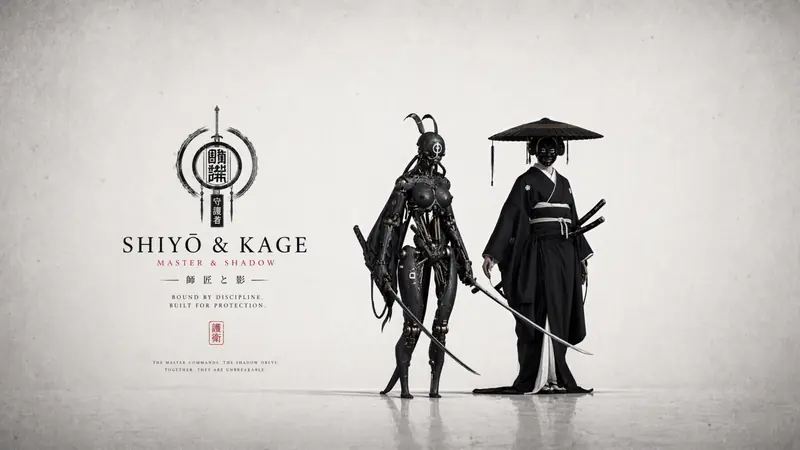 White-background editorial of the duo Shiyō and Kage standing side by side with the bilingual logo lockup.