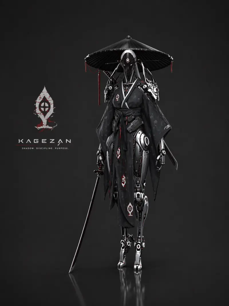 Branded portrait of Kagezan standing under an umbrella hat with a katana, white logo lockup at left.
