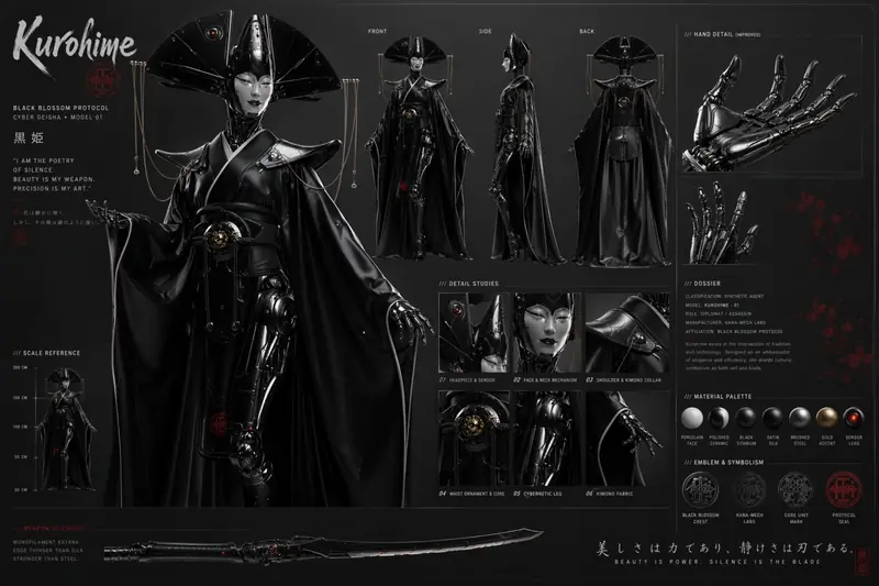 Character sheet for Kurohime with front, side and back turnarounds, detail studies, material spheres and scale reference.