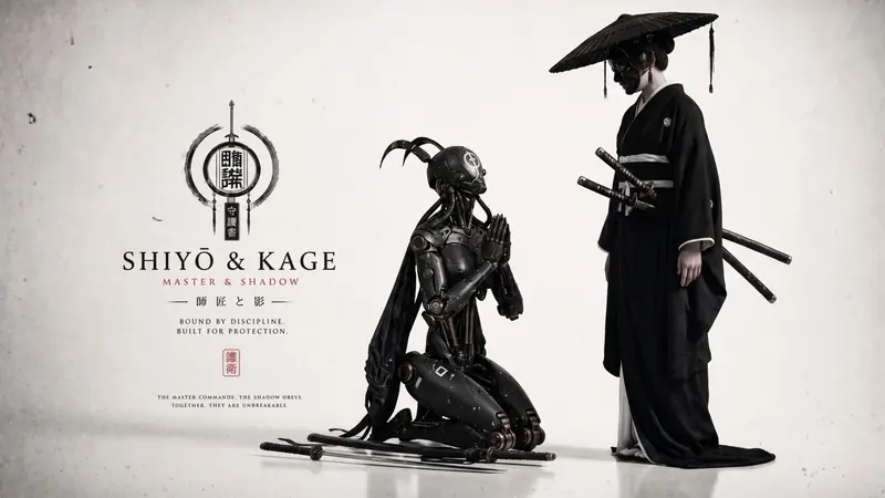White-background editorial showing the robotic shadow kneeling in prayer before its standing master.