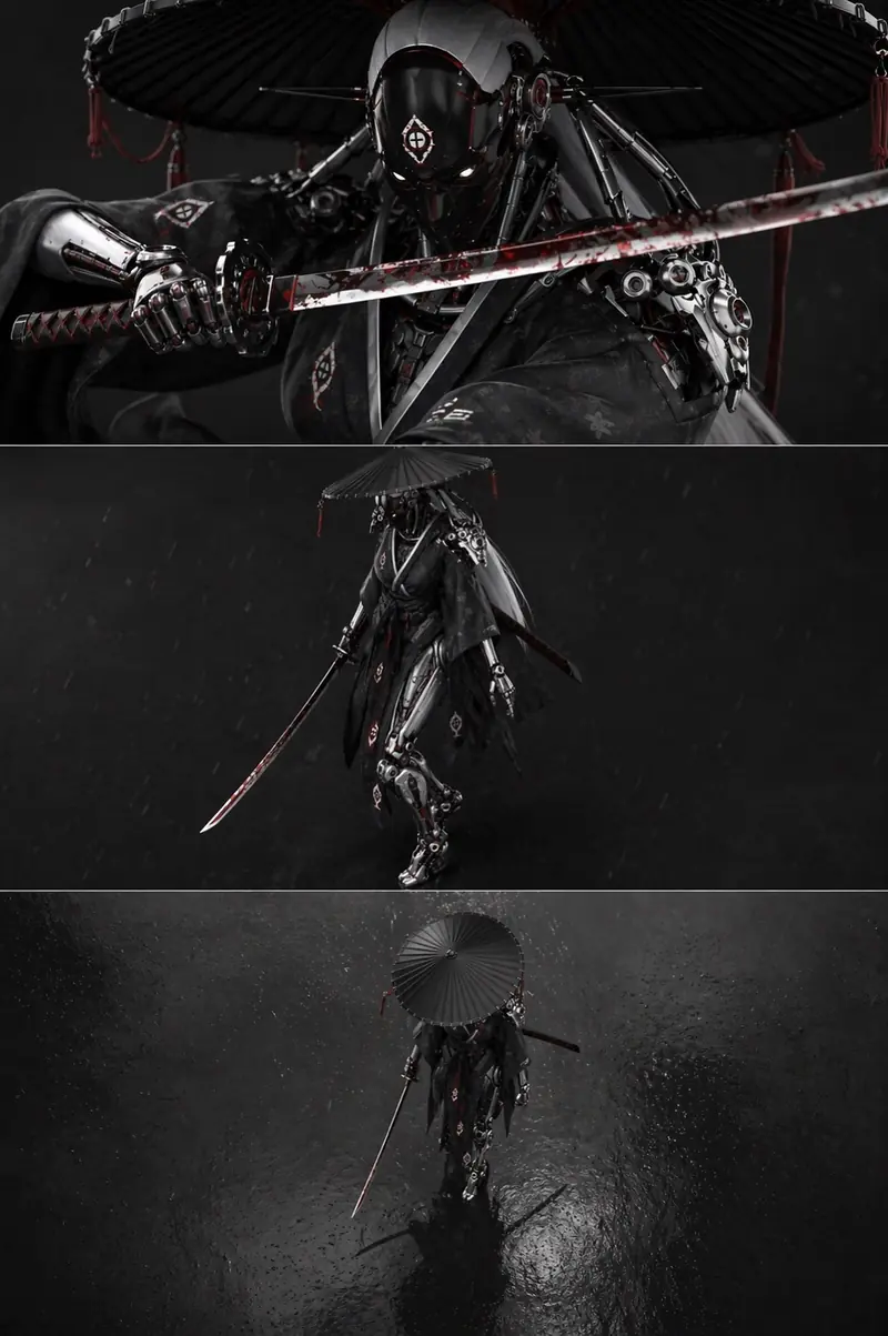 Three-frame rain sequence moving from a blade close-up to a full figure and a high-angle view of the cyber-ronin.
