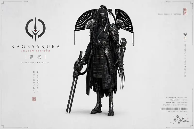 White-background editorial of Kagesakura, an armored figure with twin fan arrays holding a multi-barrel weapon.
